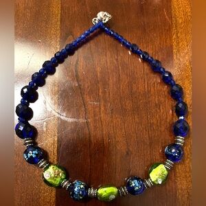 Blue glass & green Tourmaline hand painted sterling spacers graduated necklace